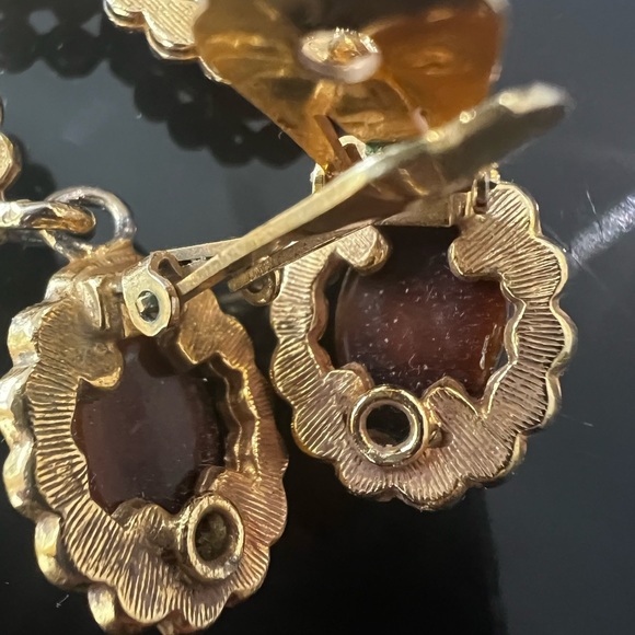 Vtg KJL Chandelier Earrings Clip on Brown Cabochon Rhinestone Dangle 60's - Picture 7 of 11
